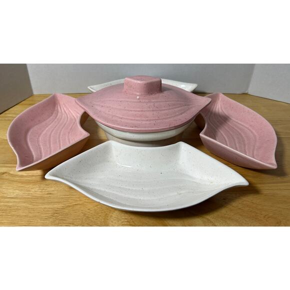 Vintage California Pottery Lazy Susan Set Pink & Cream Ceramic USA Made - Picture 1 of 9